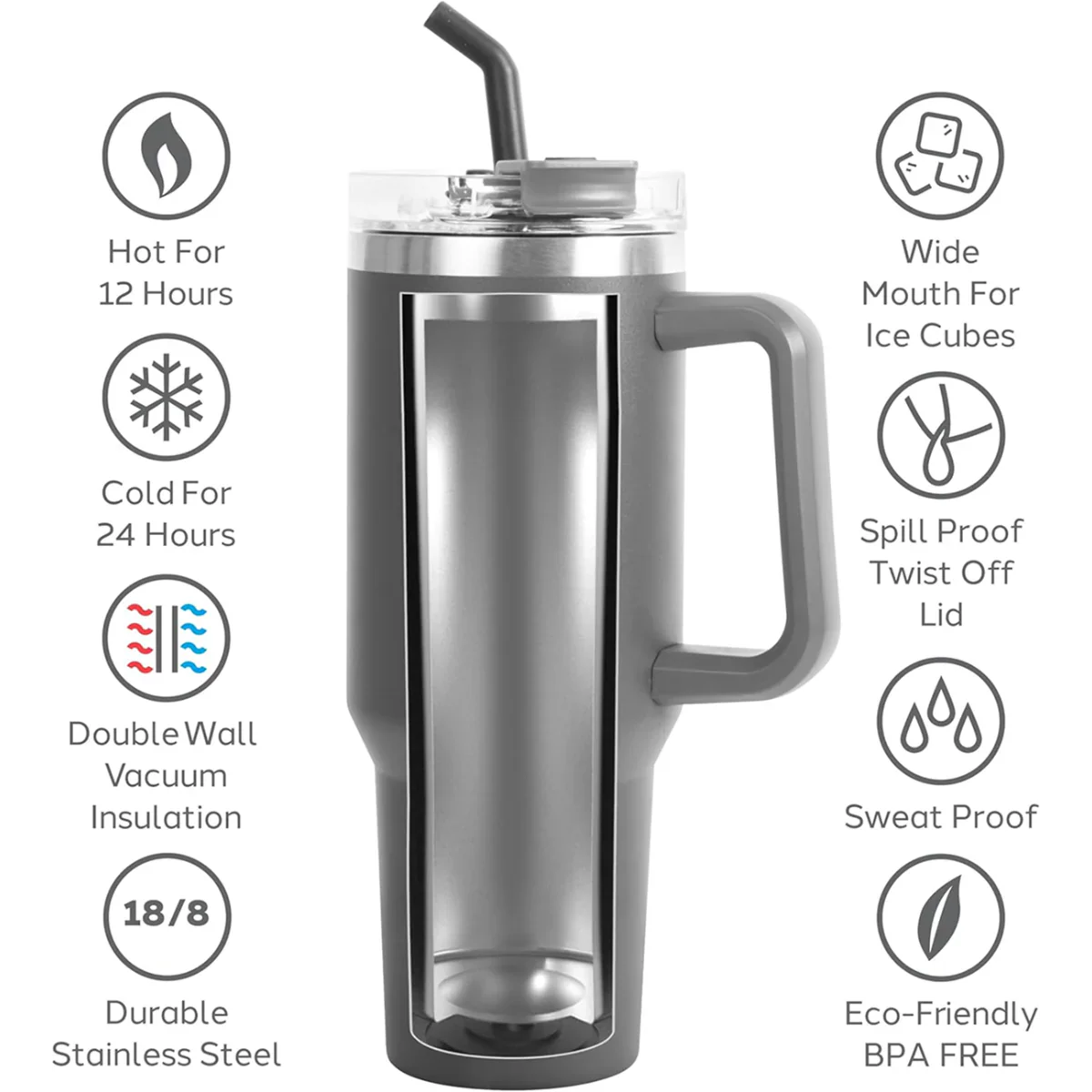 40oz Double Wall Vacuum Insulated Tumbler With Straw - Grey
