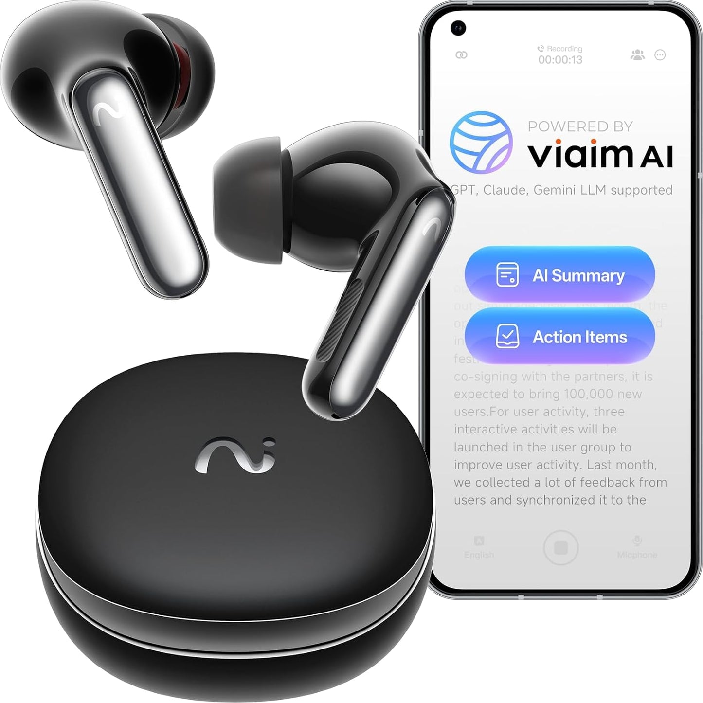 RecDot Voice Recorder Earbuds: Professional AI Note Taker for Meetings, Calls & Lectures. Transcribe & Summarize, 78 Languages, 48dB Hybrid ANC AI Assistant for Deep Work, AES-256 Secure, Black
