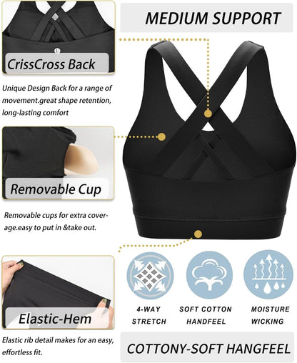 RUNNING GIRL® Medium-Support Strappy Criss-Cross Bra | Removable Cups & Buttery-Soft Sculpting Bra
