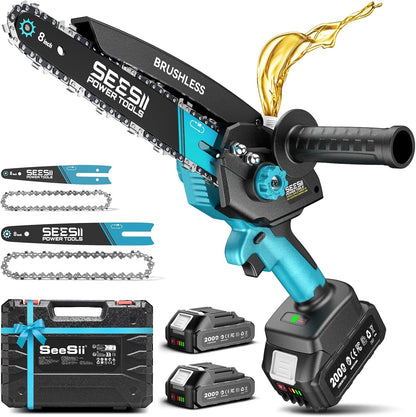 Mini Chainsaw Cordless, 8 Inch & 6 Inch Electric Chainsaw with 2 Batteries & Auto Oiler, 1000W Brushless Handheld Chain Saw for Tree Branch Wood Cutting, Garden Tools Gift for Men Dad Husband
