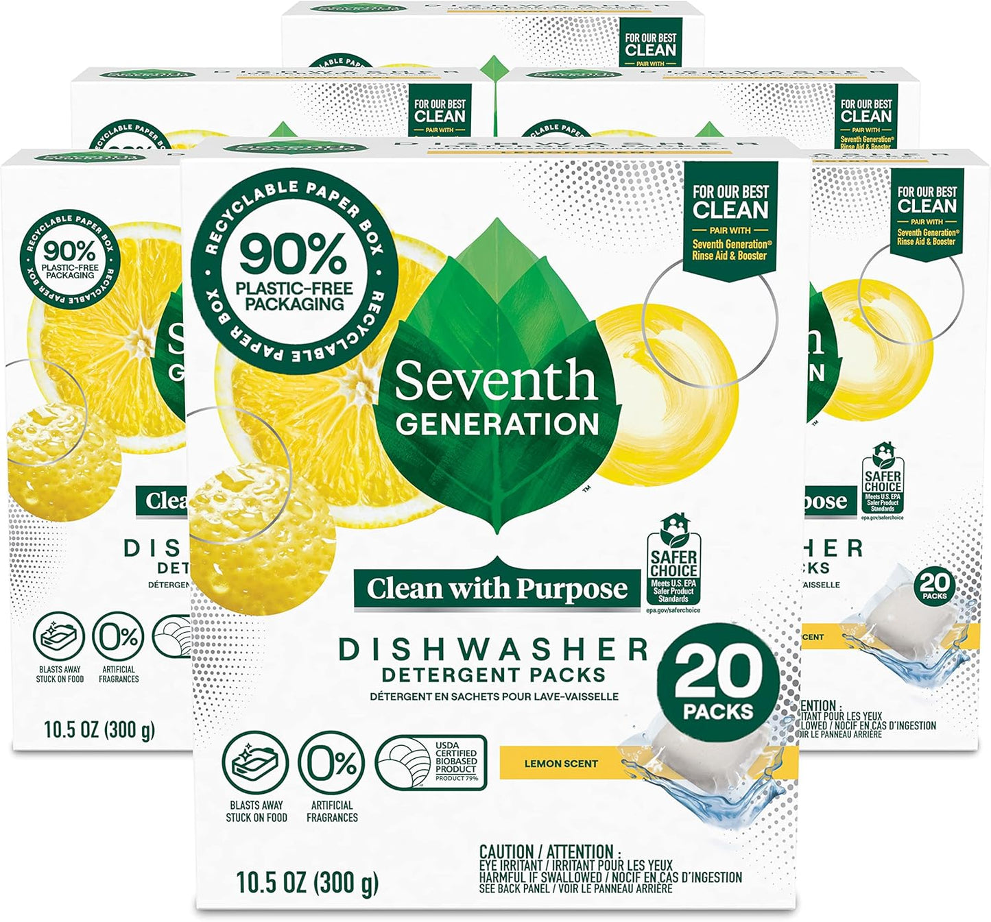 Seventh Generation Dishwasher Detergent Packs, Free & Clear, 45 Count, Pack of 2, Plant Powered Cleaning, Fights Greasy Reside & Stuck-On Food For Sparkling Dishes, Fragrance-Free & Septic Safe