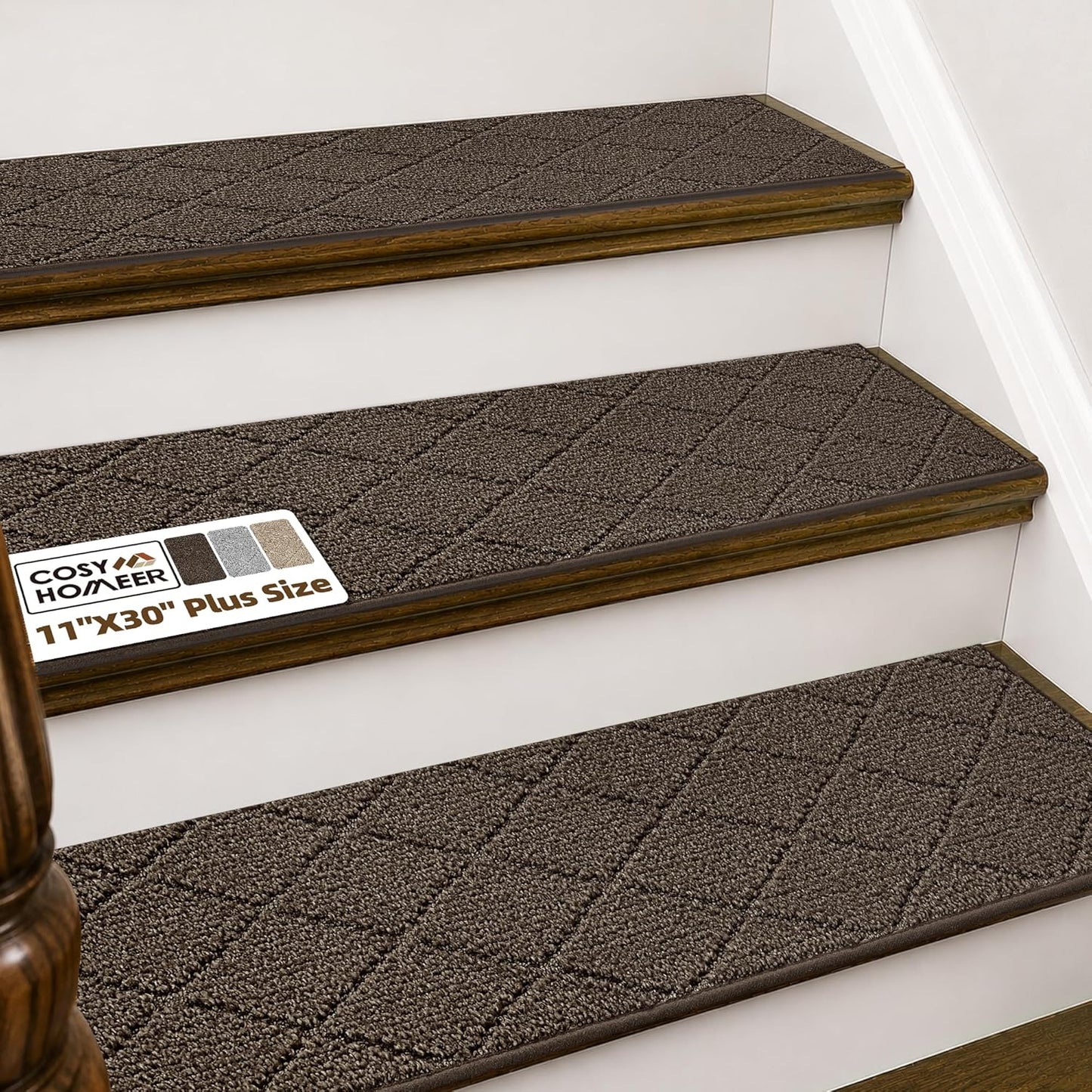 COSY HOMEER Edging Stair Treads Non-Slip Carpet Mat 28inX9in Indoor Stair Runners for Wooden Steps, Edging Stair Rugs for Kids and Dogs, 100% Polyester TPE Backing (15pc, Brown)