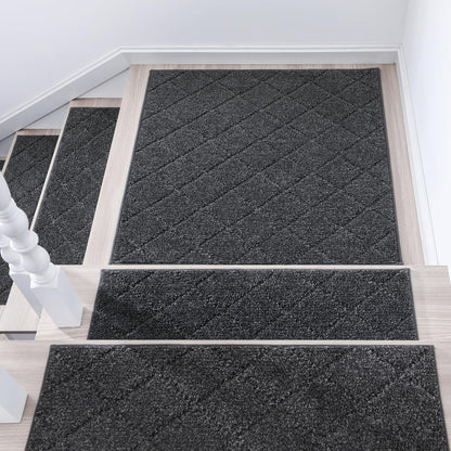 COSY HOMEER Edging Stair Treads Non-Slip Carpet Mat 28inX9in Indoor Stair Runners for Wooden Steps, Edging Stair Rugs for Kids and Dogs, 100% Polyester TPE Backing (15pc, Brown)
