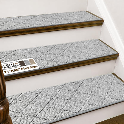 COSY HOMEER Edging Stair Treads Non-Slip Carpet Mat 28inX9in Indoor Stair Runners for Wooden Steps, Edging Stair Rugs for Kids and Dogs, 100% Polyester TPE Backing (15pc, Brown)