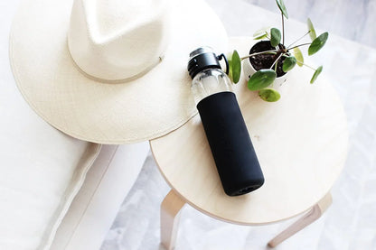 17oz Glass Water Bottle With Silicone Sleeve, Sport Cap - Black
