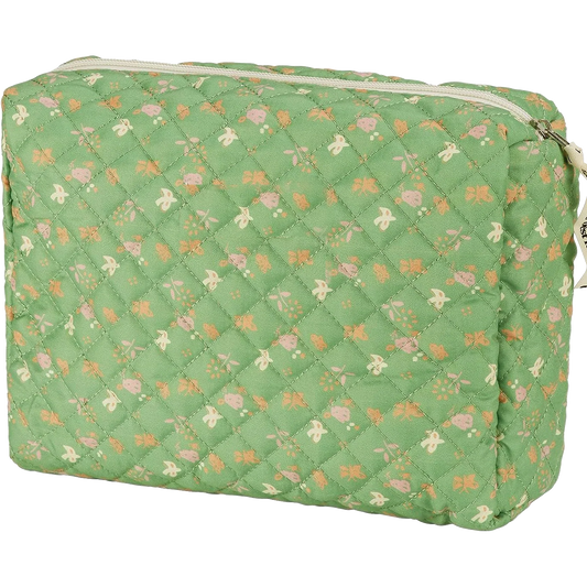 Quilted Green Floral Cosmetic Bag