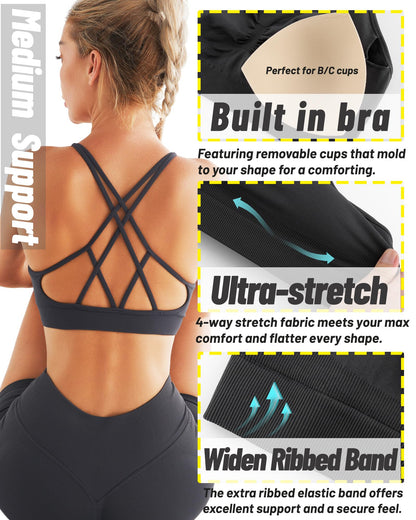 RUNNING GIRL® Strappy Yoga Bra | Built-in Shelf Bra with Push Up Support for B/C Cups