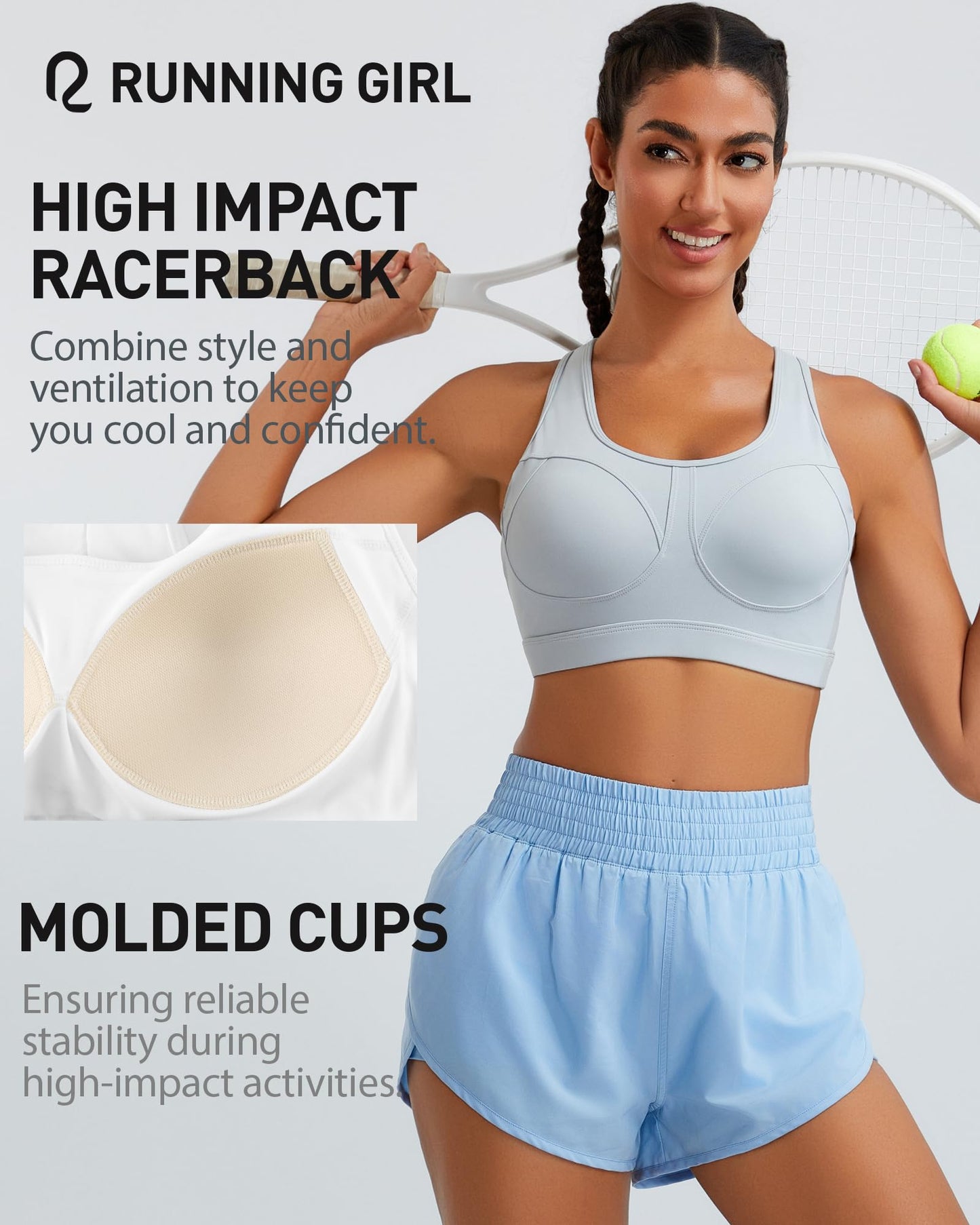 RUNNING GIRL® High-Impact Racerback Sports Bra | Molded Cup High Support Bra for Women