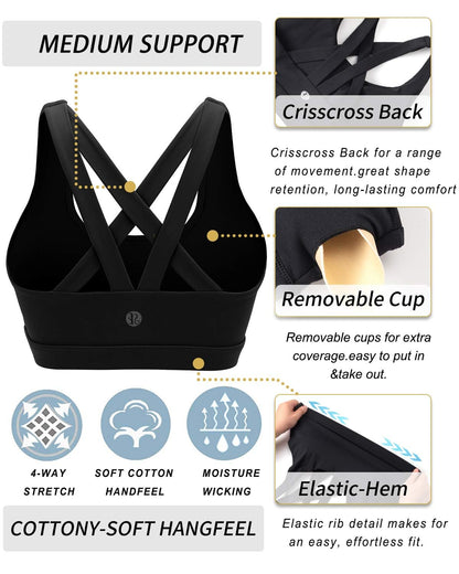 RUNNING GIRL® Medium-Support Strappy Sports Bra | Removable Cups & Wide Straps for Yoga Gym