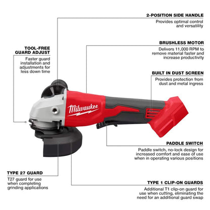 M18 18V Lithium-Ion Brushless Cordless 4-1/2 in./5 in. Grinder w/Paddle Switch (Tool-Only)