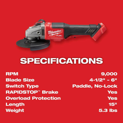 M18 FUEL 18V Lithium-Ion Brushless Cordless 4-1/2 in./6 in. Grinder with Paddle Switch Kit w/FUEL Angle Grinder