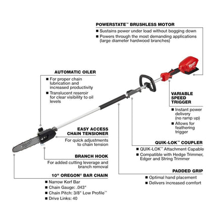M18 FUEL 10 in. 18V Lithium-Ion Brushless Electric Cordless Pole Saw with M18 QUIK-LOK Hedge Trimmer Attachment (2-Tool)