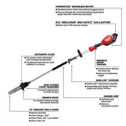 M18 FUEL 10 in. 18V Lithium-Ion Brushless Cordless Pole Saw Kit with 8.0 Ah Battery and 10 in. Saw Chain