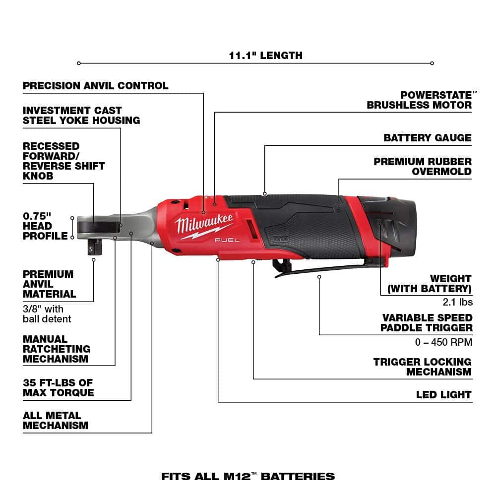 M12 FUEL 12V Lithium-Ion Brushless Cordless High Speed 3/8 in. Ratchet Kit w/(2) Batteries, Charger and Bag