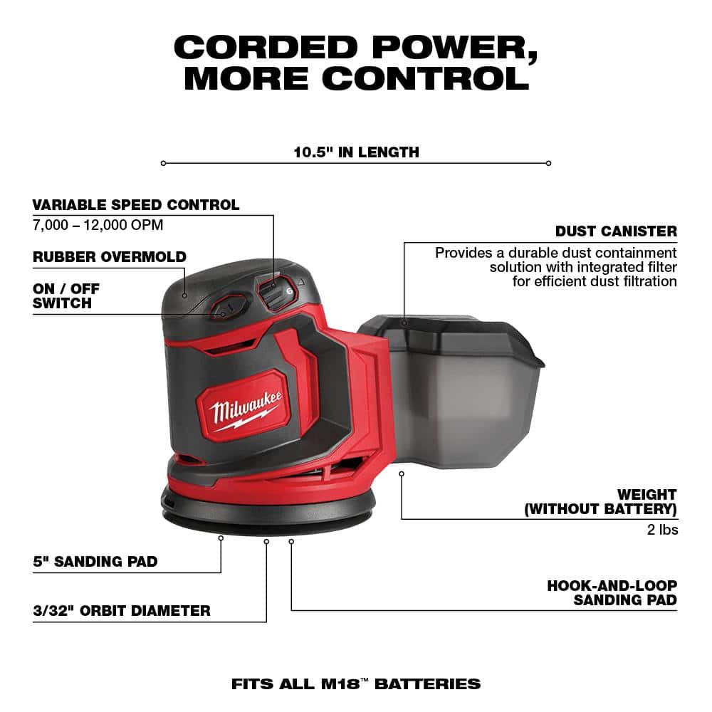 M18 18V Lithium-Ion Cordless 5 in. Random Orbit Sander with 2.0 Ah Compact Battery