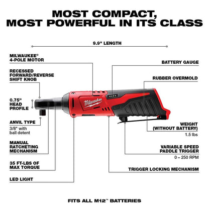 M12 FUEL SURGE 12V Lithium-Ion Brushless Cordless 1/4 in. Hex Impact Driver Compact Kit w/ M12 3/8 in. Ratchet