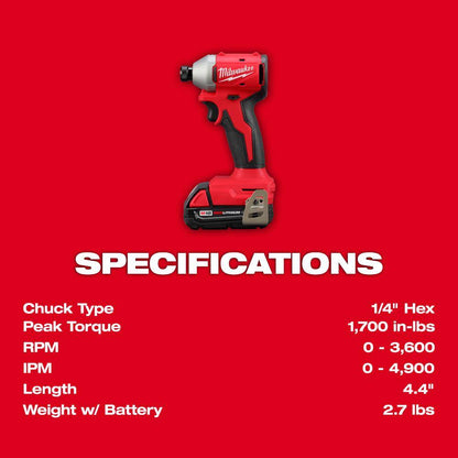 M18 18V Lithium-Ion Brushless Cordless 1/4 in. Impact Driver Kit with Two 2.0 Ah Batteries and Charger