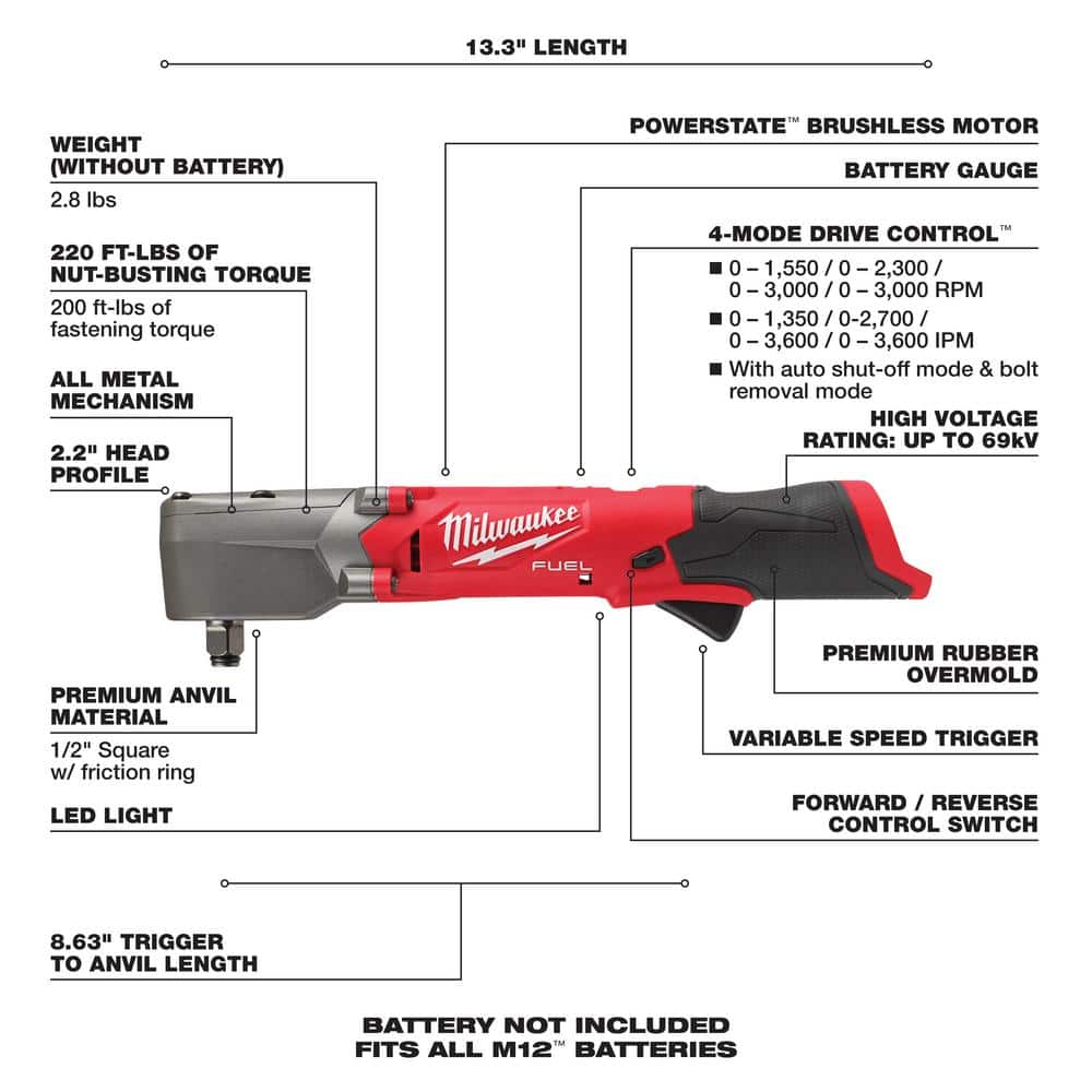 M12 FUEL 12V Lithium-Ion Brushless Cordless 1/2 in. Right Angle Impact Wrench (Tool-Only)