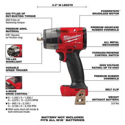 M18 FUEL GEN-2 18V Lithium-Ion Mid Torque Brushless Cordless 3/8 in. Impact w F Ring w/5.0 ah Resistant Battery