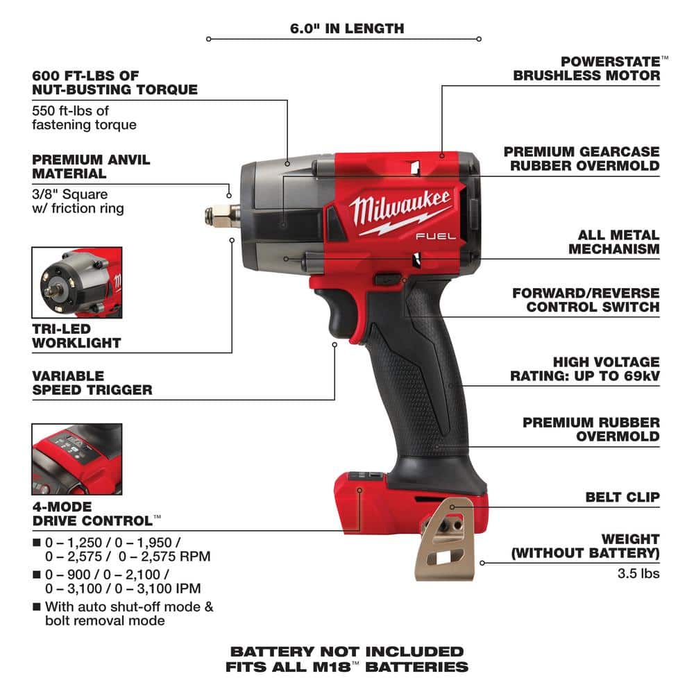 M18 FUEL GEN-2 18V Lithium-Ion Mid Torque Brushless Cordless 3/8 in. Impact Wrench with Friction Ring (Tool-Only)
