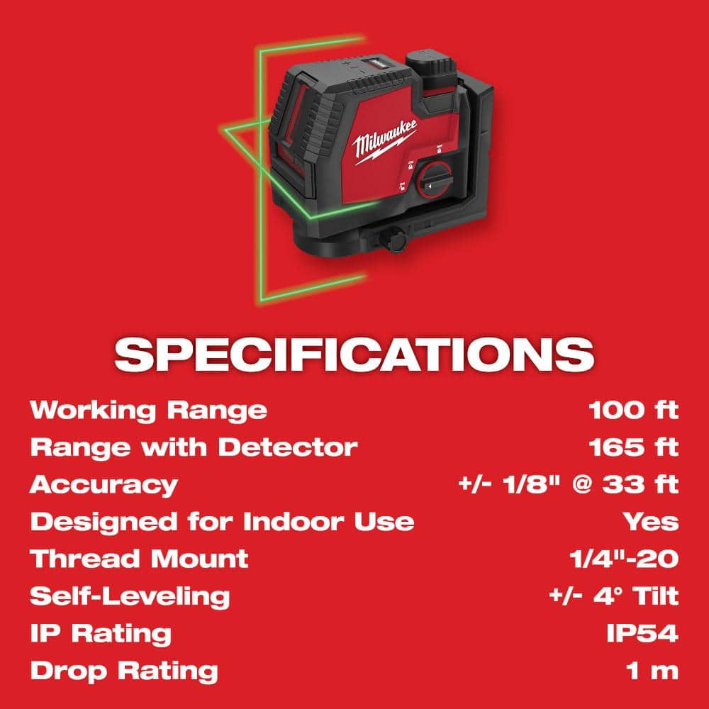 100 ft. REDLITHIUM Lithium-Ion USB Green Rechargeable Cross Line Laser Level with Charger
