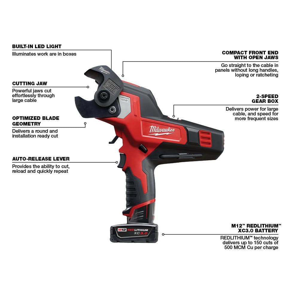 M12 12V Lithium-Ion Cordless 600 MCM Cable Cutter Kit with One 3.0Ah Battery, Charger and Hard Case