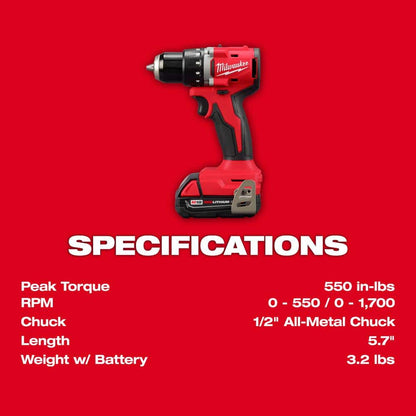 M18 18V Lithium-Ion Brushless Cordless 1/2 in. Compact Drill/Driver Kit with Two 2.0 Ah Batteries, Charger and Case