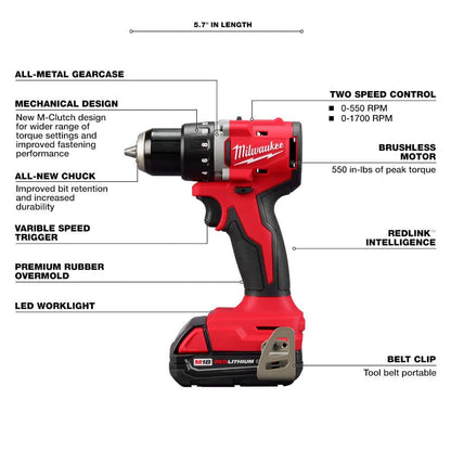 M18 18V Lithium-Ion Brushless Cordless 1/2 in. Compact Drill/Driver Kit with Two 2.0 Ah Batteries, Charger and Case