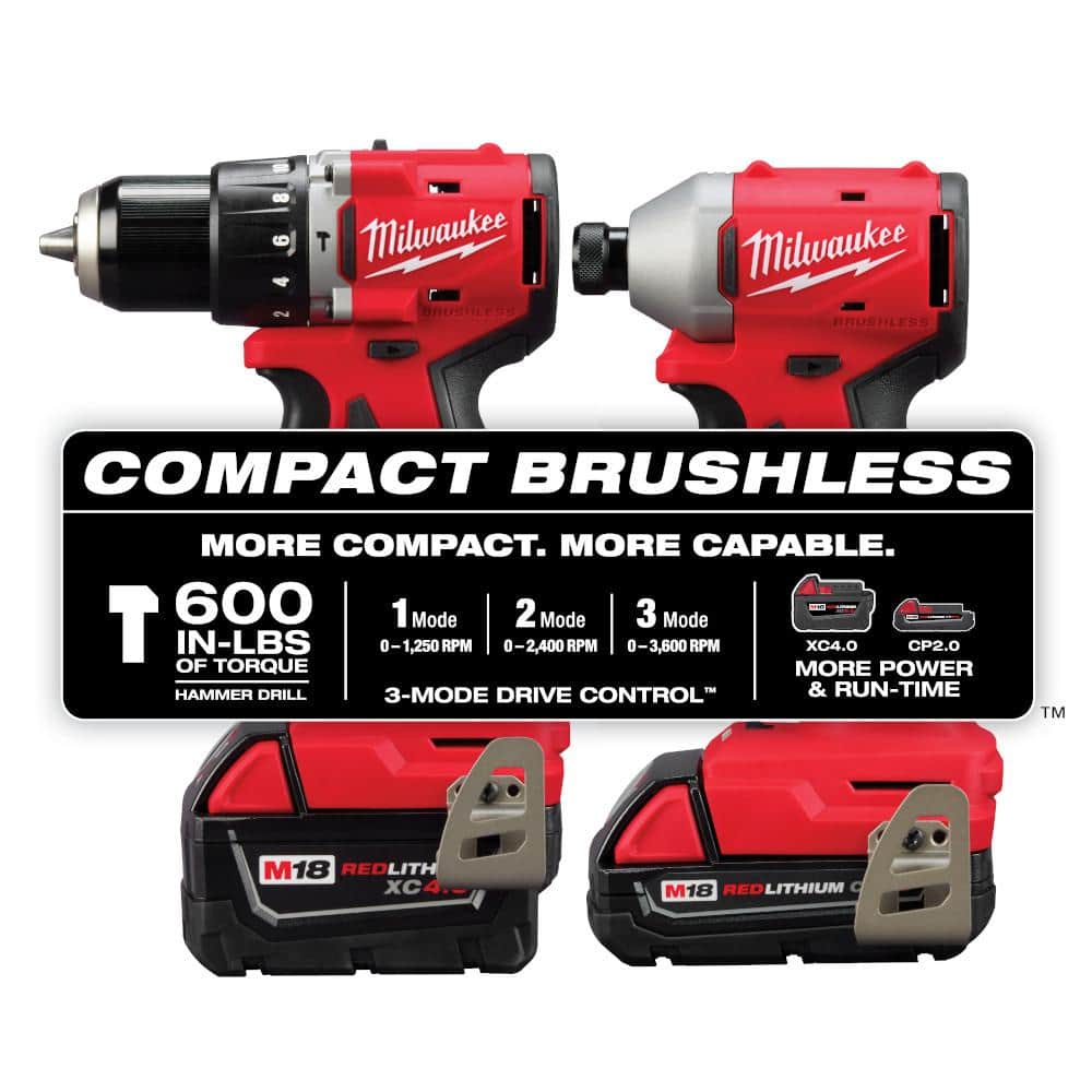 M18 18-Volt Lithium-Ion Brushless Cordless Compact Hammer Drill/Impact Combo Kit (2-Tool) with (2) Batteries, Bag
