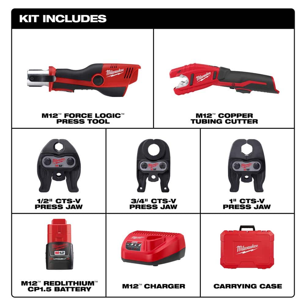 M12 12-Volt Lithium-Ion Force Logic Cordless Press Tool Kit with M12 Copper Tubing Cutter (3 Jaws Included)