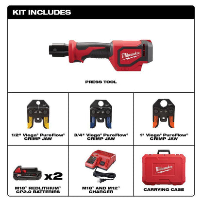M18 18V Lithium-Ion Cordless Short Throw PEX Press Tool Kit w/ (3) Viega PureFlow Jaws,(2) 2.0Ah Batteries & Charger