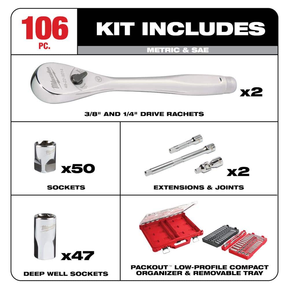 3/8 in. and 1/4 in. Drive SAE/Metric Ratchet and Socket Mechanics Tool Set with PACKOUT Case (106-Piece)