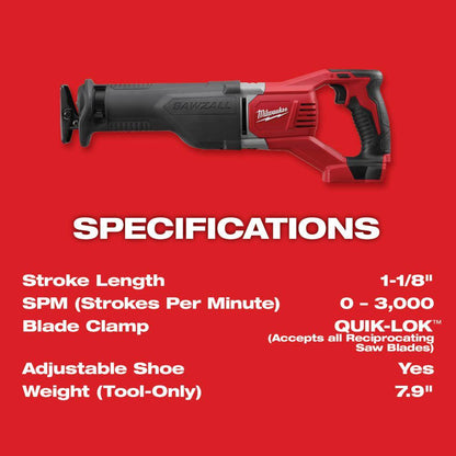 M18 18V Lithium-Ion Cordless SAWZALL Reciprocating Saw with (1) 5.0 Ah and (1) 2.0 Ah Battery and Charger