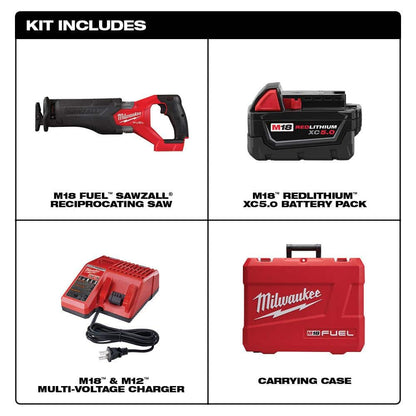 M18 FUEL 18V Lithium-Ion Brushless Cordless SAWZALL Reciprocating Saw Kit W/one 5.0 Ah Batteries, Charger and Case